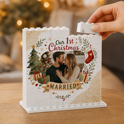 Personalized Photo Christmas Building Block in Cream White, Custom Couple First Christmas Married Photo Watercolor Wreath & Gold Stars Brick Puzzle Keepsake Decor, Holiday Gift for Newlyweds