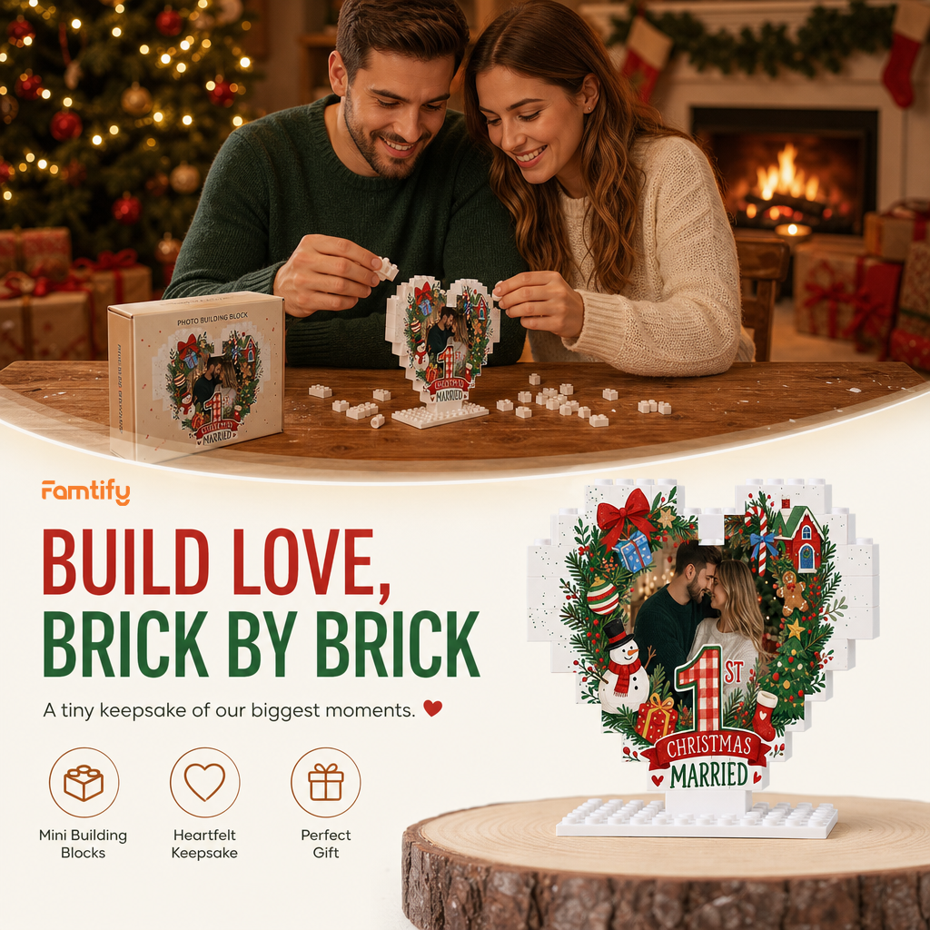 Personalized Photo Christmas Building Block Heart Shape in Cream White, Custom Couple First Christmas Married Photo Evergreen Wreath & Festive Icons Brick Puzzle Keepsake Decor, Holiday Gift for Newlyweds