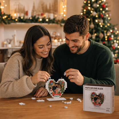 Personalized Photo Christmas Building Block Heart Shape in Cream White, Custom Couple First Christmas Married Photo Evergreen Wreath & Festive Icons Brick Puzzle Keepsake Decor, Holiday Gift for Newlyweds