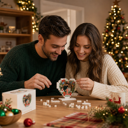 Personalized Photo Christmas Building Block Heart Shape in Cream White, Custom Couple First Christmas Married Photo Evergreen Wreath & Festive Icons Brick Puzzle Keepsake Decor, Holiday Gift for Newlyweds