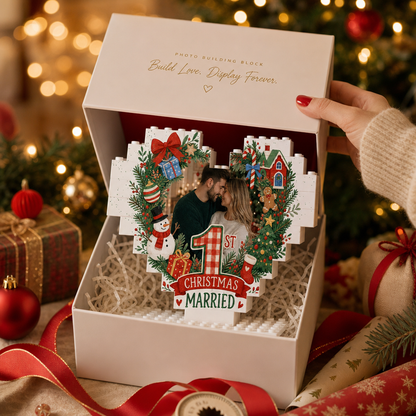 Personalized Photo Christmas Building Block Heart Shape in Cream White, Custom Couple First Christmas Married Photo Evergreen Wreath & Festive Icons Brick Puzzle Keepsake Decor, Holiday Gift for Newlyweds