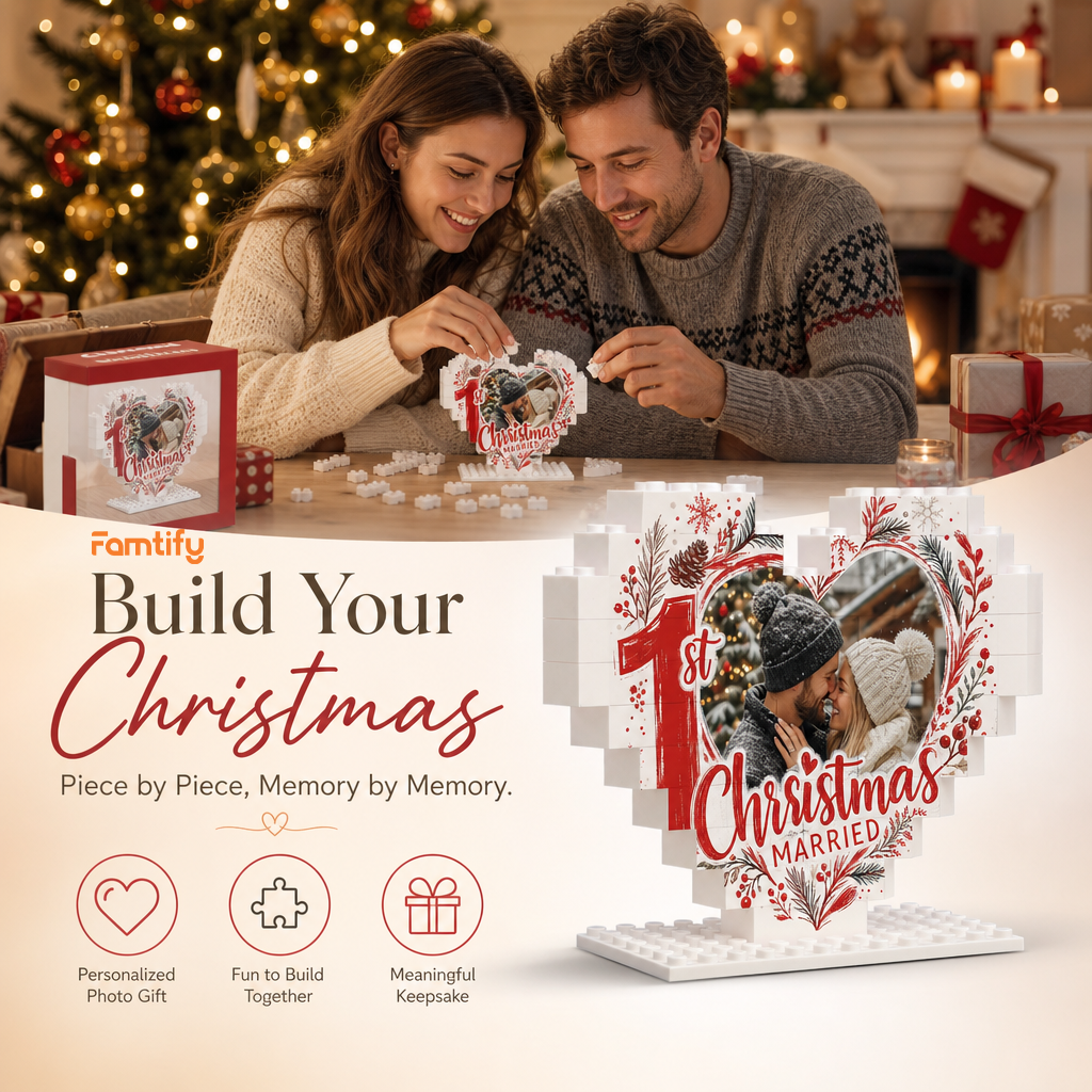 Personalized Photo Christmas Building Block Heart Shape in Cream White, Custom Couple First Christmas Married Photo Red Botanical Wreath Brick Puzzle Keepsake Decor, Holiday Gift for Newlyweds