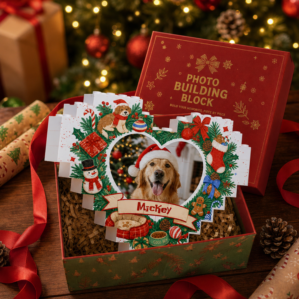 Personalized Photo Christmas Building Block Heart Shape in Cream White, Custom Dog Photo Wreath & Pet Accessories Brick Puzzle Keepsake Decor, Holiday Gift for Dog Lovers