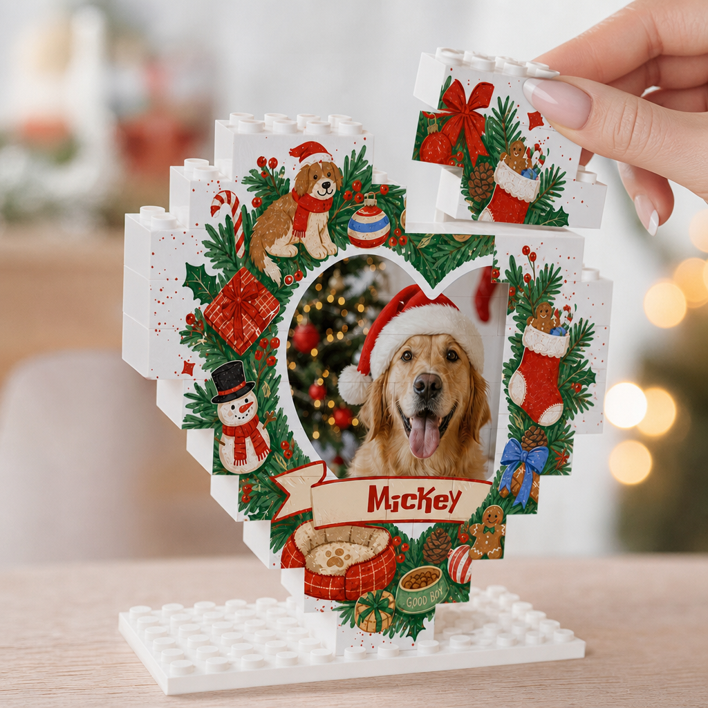 Personalized Photo Christmas Building Block Heart Shape in Cream White, Custom Dog Photo Wreath & Pet Accessories Brick Puzzle Keepsake Decor, Holiday Gift for Dog Lovers