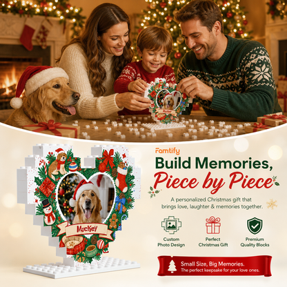 Personalized Photo Christmas Building Block Heart Shape in Cream White, Custom Dog Photo Wreath & Pet Accessories Brick Puzzle Keepsake Decor, Holiday Gift for Dog Lovers