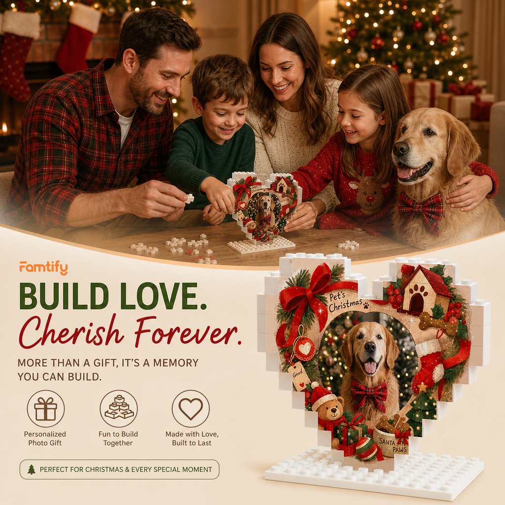 Personalized Photo Christmas Building Block Heart Shape in Rustic Wood Grain, Custom Dog Photo Pet House & Christmas Tree Brick Puzzle Keepsake Decor, Holiday Gift for Dog Lovers