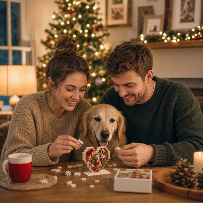 Personalized Photo Christmas Building Block Heart Shape in Rustic Wood Grain, Custom Dog Photo Pet House & Christmas Tree Brick Puzzle Keepsake Decor, Holiday Gift for Dog Lovers