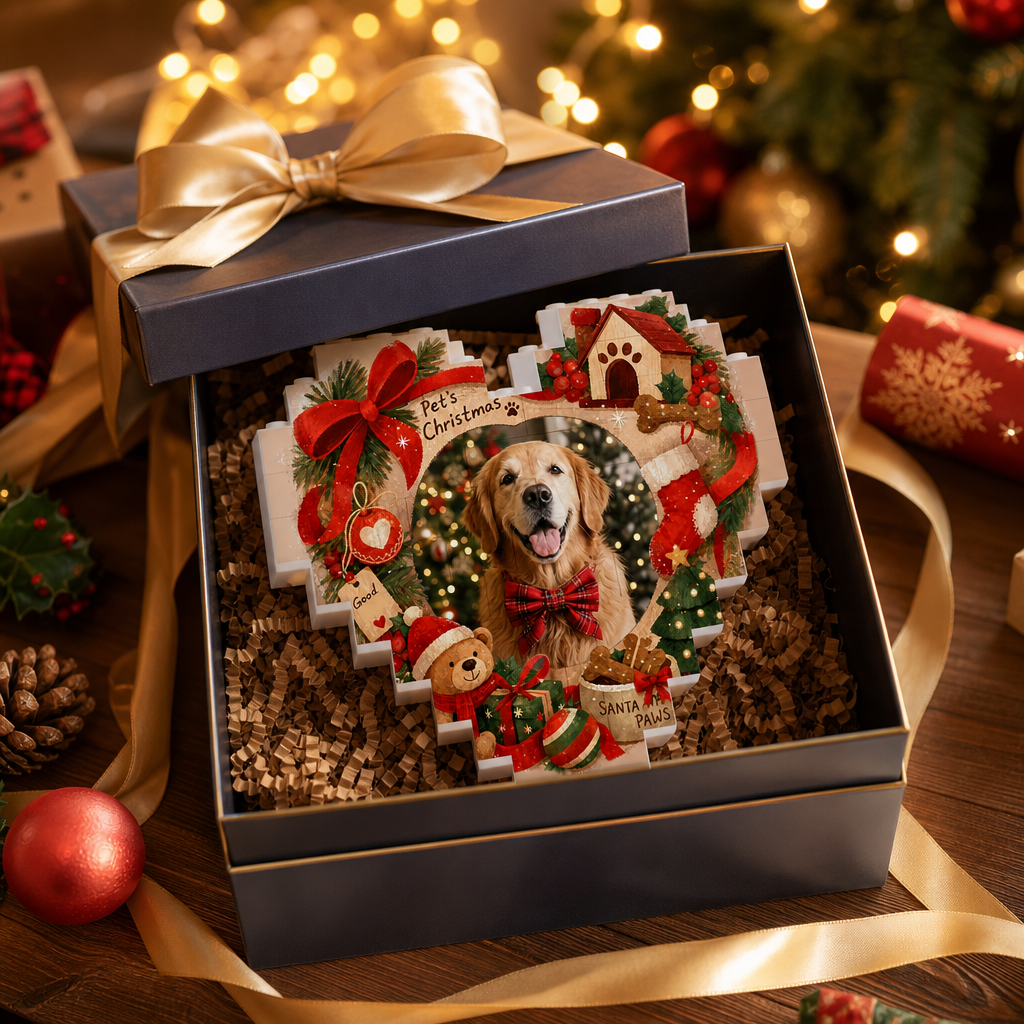 Personalized Photo Christmas Building Block Heart Shape in Rustic Wood Grain, Custom Dog Photo Pet House & Christmas Tree Brick Puzzle Keepsake Decor, Holiday Gift for Dog Lovers