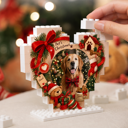 Personalized Photo Christmas Building Block Heart Shape in Rustic Wood Grain, Custom Dog Photo Pet House & Christmas Tree Brick Puzzle Keepsake Decor, Holiday Gift for Dog Lovers