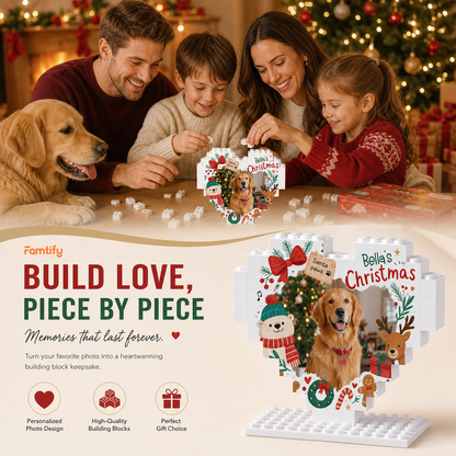 Personalized Photo Christmas Building Block Heart Shape in Cream White, Custom Dog Photo Reindeer & Bear Brick Puzzle Keepsake Decor, Holiday Gift for Pet Lovers