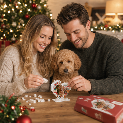Personalized Photo Christmas Building Block Heart Shape in Cream White, Custom Dog Photo Reindeer & Bear Brick Puzzle Keepsake Decor, Holiday Gift for Pet Lovers