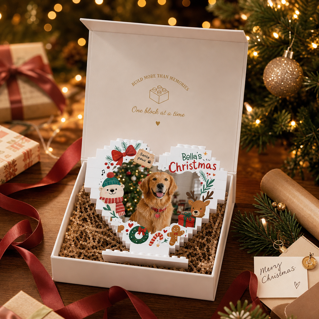 Personalized Photo Christmas Building Block Heart Shape in Cream White, Custom Dog Photo Reindeer & Bear Brick Puzzle Keepsake Decor, Holiday Gift for Pet Lovers
