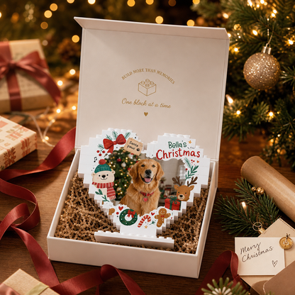 Personalized Photo Christmas Building Block Heart Shape in Cream White, Custom Dog Photo Reindeer & Bear Brick Puzzle Keepsake Decor, Holiday Gift for Pet Lovers