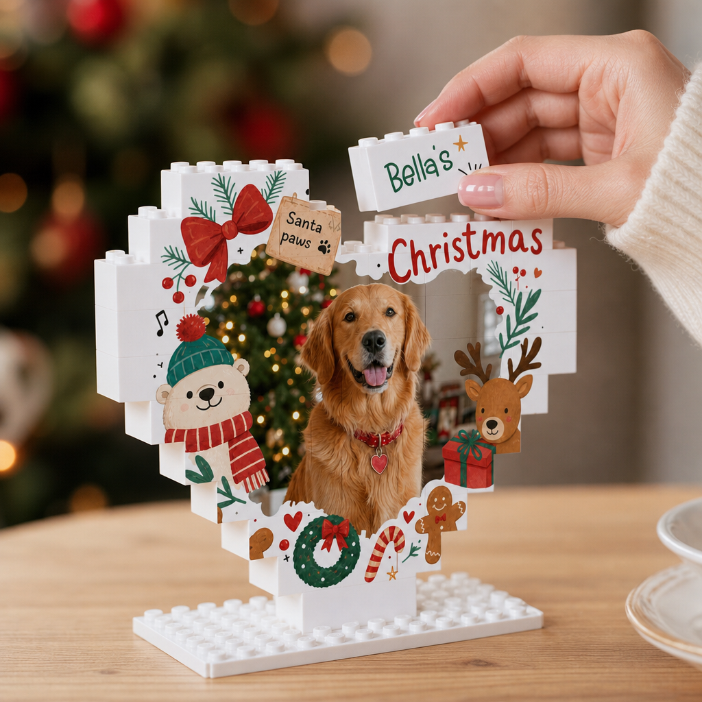 Personalized Photo Christmas Building Block Heart Shape in Cream White, Custom Dog Photo Reindeer & Bear Brick Puzzle Keepsake Decor, Holiday Gift for Pet Lovers