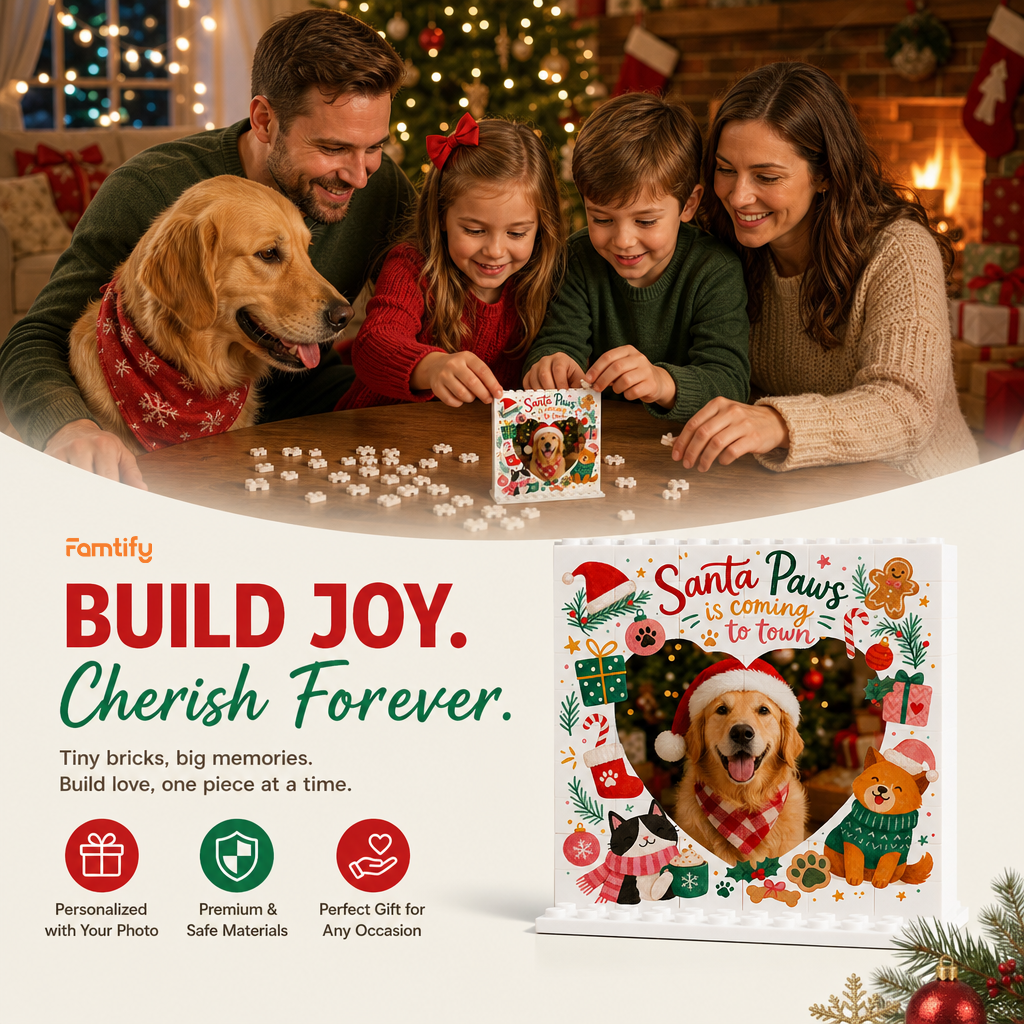 Personalized Photo Christmas Building Block in Cream White, Custom Dog Cat Photo Santa Paws is Coming to Town Cute Pets Brick Puzzle Keepsake Decor, Holiday Gift for Pet Owners