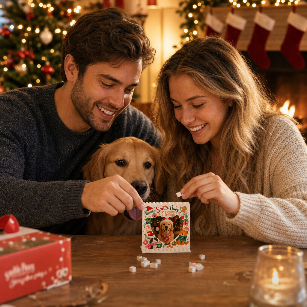 Personalized Photo Christmas Building Block in Cream White, Custom Dog Cat Photo Santa Paws is Coming to Town Cute Pets Brick Puzzle Keepsake Decor, Holiday Gift for Pet Owners
