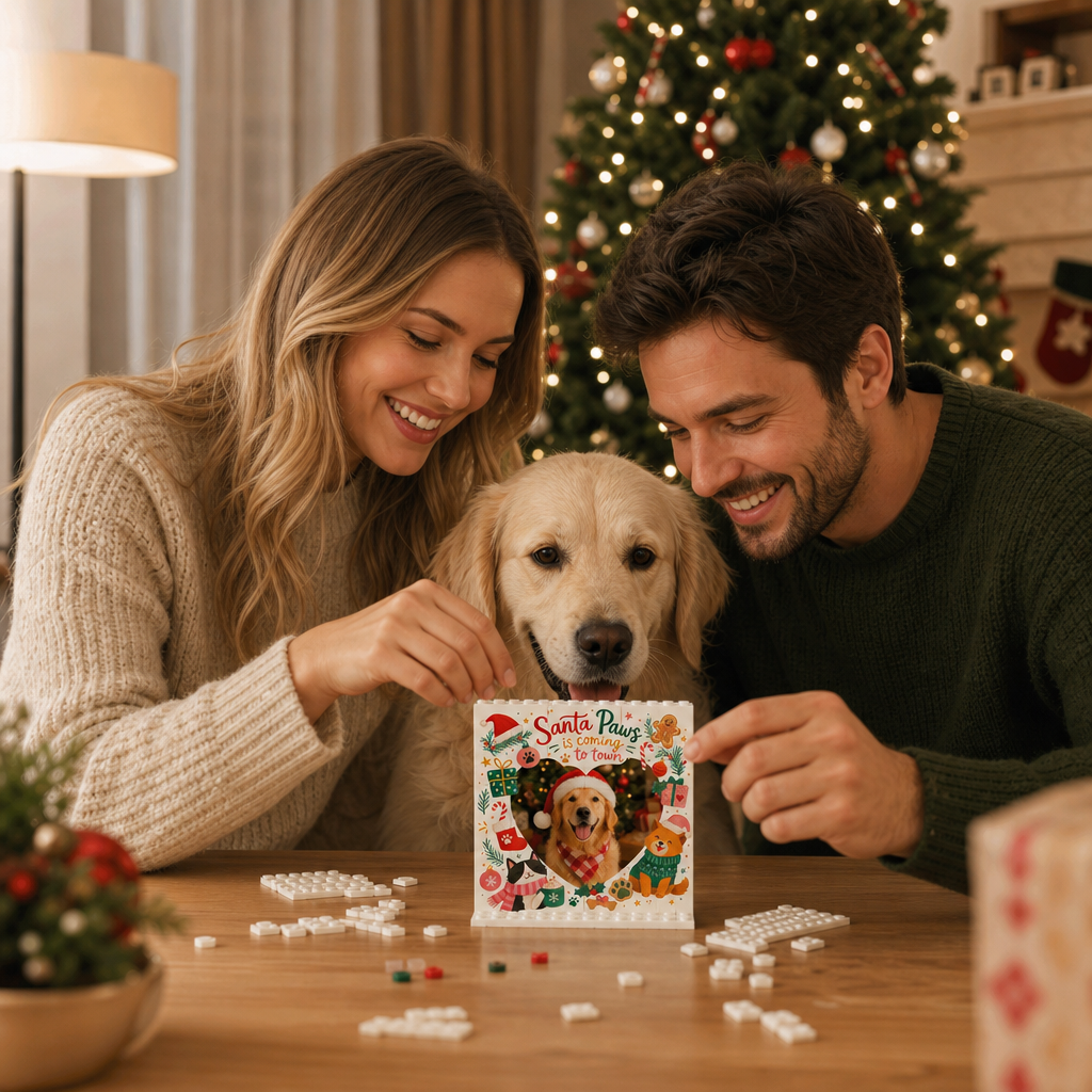 Personalized Photo Christmas Building Block in Cream White, Custom Dog Cat Photo Santa Paws is Coming to Town Cute Pets Brick Puzzle Keepsake Decor, Holiday Gift for Pet Owners