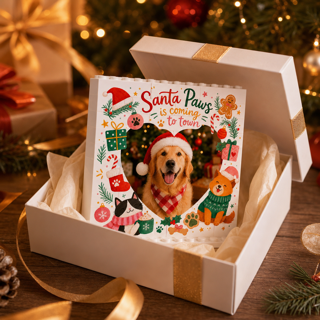 Personalized Photo Christmas Building Block in Cream White, Custom Dog Cat Photo Santa Paws is Coming to Town Cute Pets Brick Puzzle Keepsake Decor, Holiday Gift for Pet Owners