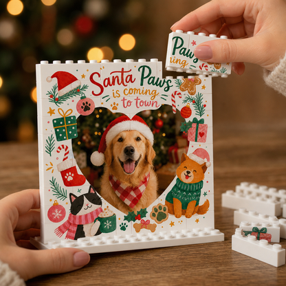Personalized Photo Christmas Building Block in Cream White, Custom Dog Cat Photo Santa Paws is Coming to Town Cute Pets Brick Puzzle Keepsake Decor, Holiday Gift for Pet Owners