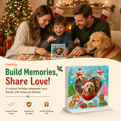 Personalized Photo Christmas Building Block in Light Blue, Custom Dog Photo Heart Shape Playful Dogs in Snow Brick Puzzle Keepsake Decor, Holiday Gift for Dog Lovers