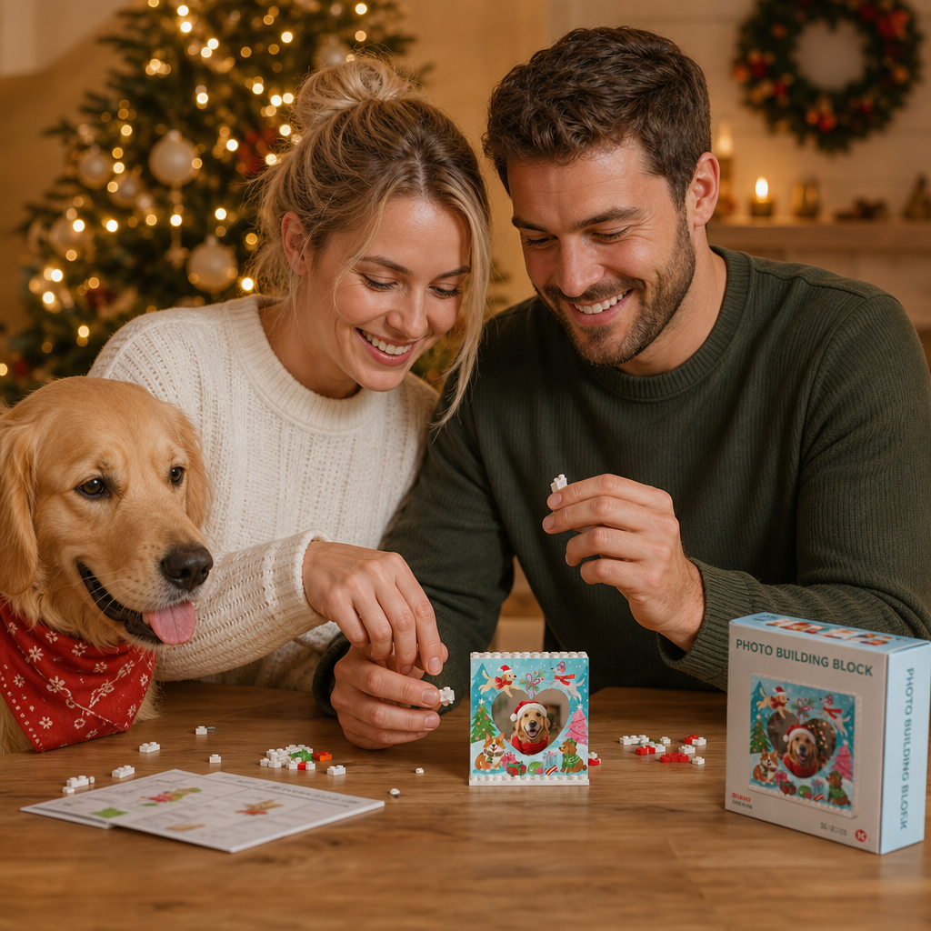 Personalized Photo Christmas Building Block in Light Blue, Custom Dog Photo Heart Shape Playful Dogs in Snow Brick Puzzle Keepsake Decor, Holiday Gift for Dog Lovers