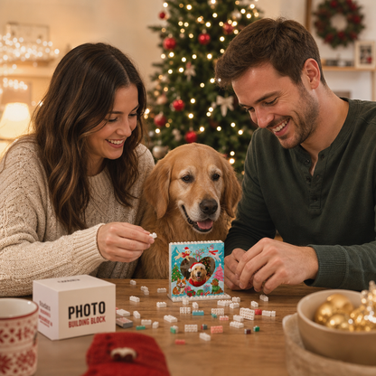 Personalized Photo Christmas Building Block in Light Blue, Custom Dog Photo Heart Shape Playful Dogs in Snow Brick Puzzle Keepsake Decor, Holiday Gift for Dog Lovers