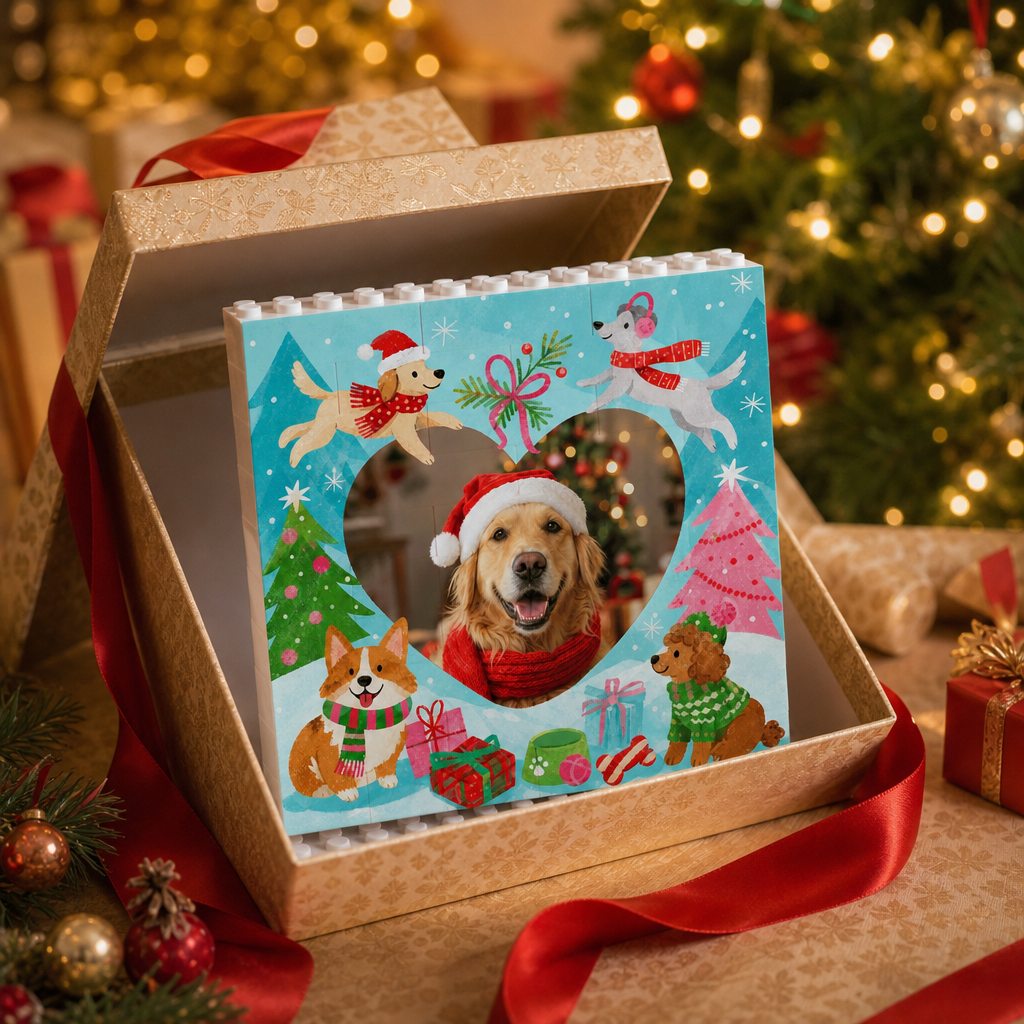 Personalized Photo Christmas Building Block in Light Blue, Custom Dog Photo Heart Shape Playful Dogs in Snow Brick Puzzle Keepsake Decor, Holiday Gift for Dog Lovers
