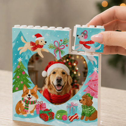 Personalized Photo Christmas Building Block in Light Blue, Custom Dog Photo Heart Shape Playful Dogs in Snow Brick Puzzle Keepsake Decor, Holiday Gift for Dog Lovers