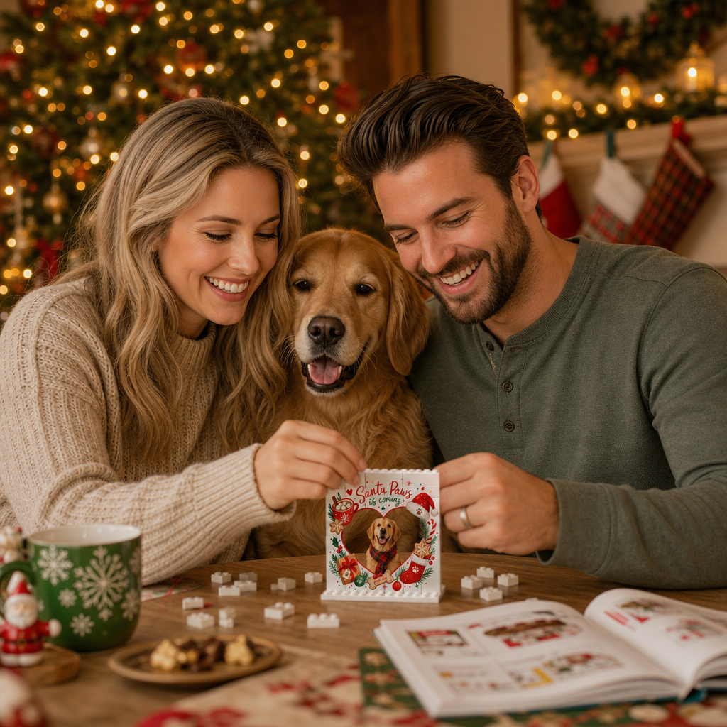 Personalized Photo Christmas Building Block in Cream White, Custom Dog Photo Santa Paws is Coming Heart Frame Brick Puzzle Keepsake Decor, Holiday Gift for Pet Lovers