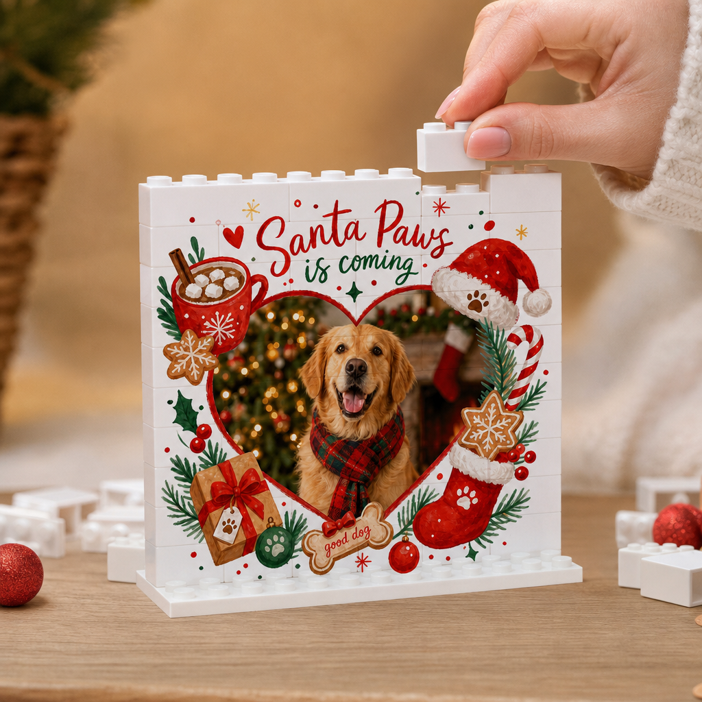 Personalized Photo Christmas Building Block in Cream White, Custom Dog Photo Santa Paws is Coming Heart Frame Brick Puzzle Keepsake Decor, Holiday Gift for Pet Lovers