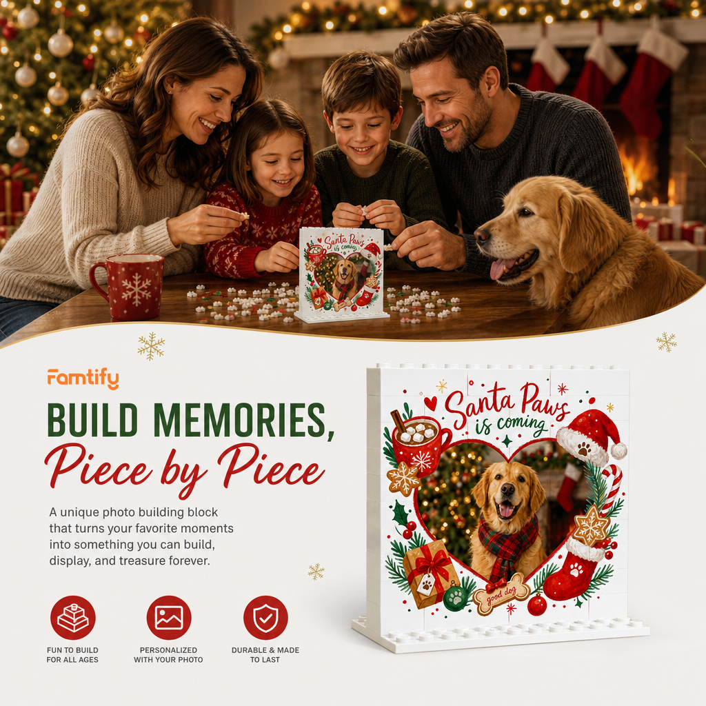 Personalized Photo Christmas Building Block in Cream White, Custom Dog Photo Santa Paws is Coming Heart Frame Brick Puzzle Keepsake Decor, Holiday Gift for Pet Lovers