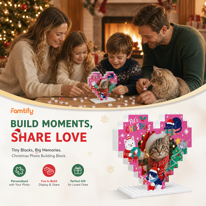 Personalized Photo Christmas Building Block Heart Shape in Magenta Pink, Custom Cat Photo Pet's Christmas Cute Kittens & Christmas Tree Brick Puzzle Keepsake Decor, Holiday Gift for Cat Lovers