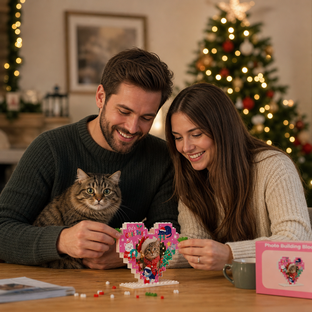 Personalized Photo Christmas Building Block Heart Shape in Magenta Pink, Custom Cat Photo Pet's Christmas Cute Kittens & Christmas Tree Brick Puzzle Keepsake Decor, Holiday Gift for Cat Lovers