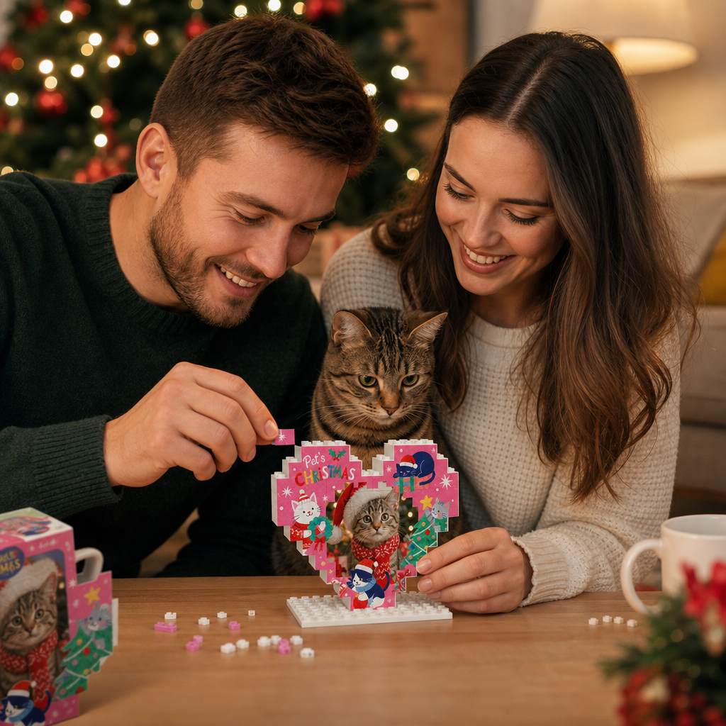 Personalized Photo Christmas Building Block Heart Shape in Magenta Pink, Custom Cat Photo Pet's Christmas Cute Kittens & Christmas Tree Brick Puzzle Keepsake Decor, Holiday Gift for Cat Lovers
