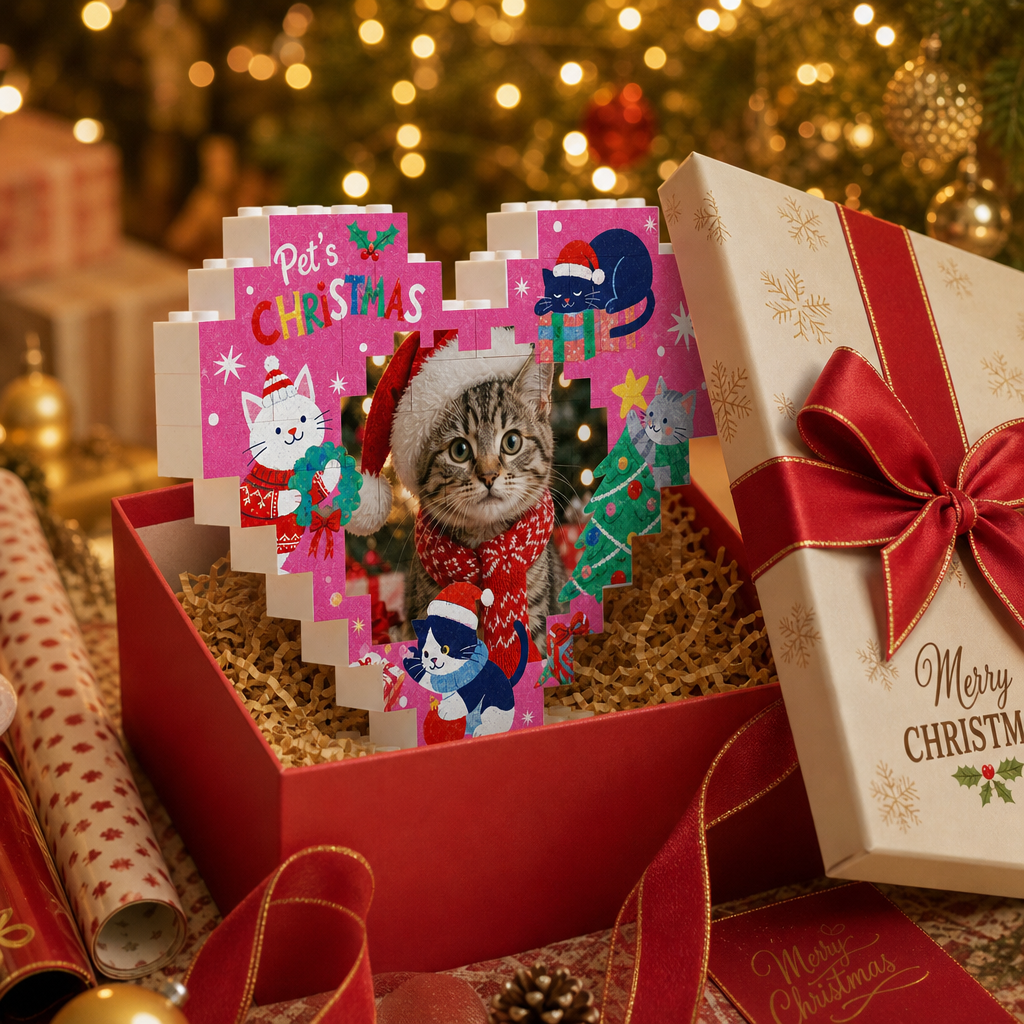 Personalized Photo Christmas Building Block Heart Shape in Magenta Pink, Custom Cat Photo Pet's Christmas Cute Kittens & Christmas Tree Brick Puzzle Keepsake Decor, Holiday Gift for Cat Lovers