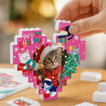 Personalized Photo Christmas Building Block Heart Shape in Magenta Pink, Custom Cat Photo Pet's Christmas Cute Kittens & Christmas Tree Brick Puzzle Keepsake Decor, Holiday Gift for Cat Lovers