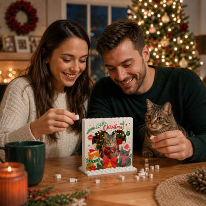 Personalized Photo Christmas Building Block in Cream White, Custom Cat Photo Heart Frame Bill's Christmas Cute Kittens Brick Puzzle Keepsake Decor, Holiday Gift for Cat Lovers