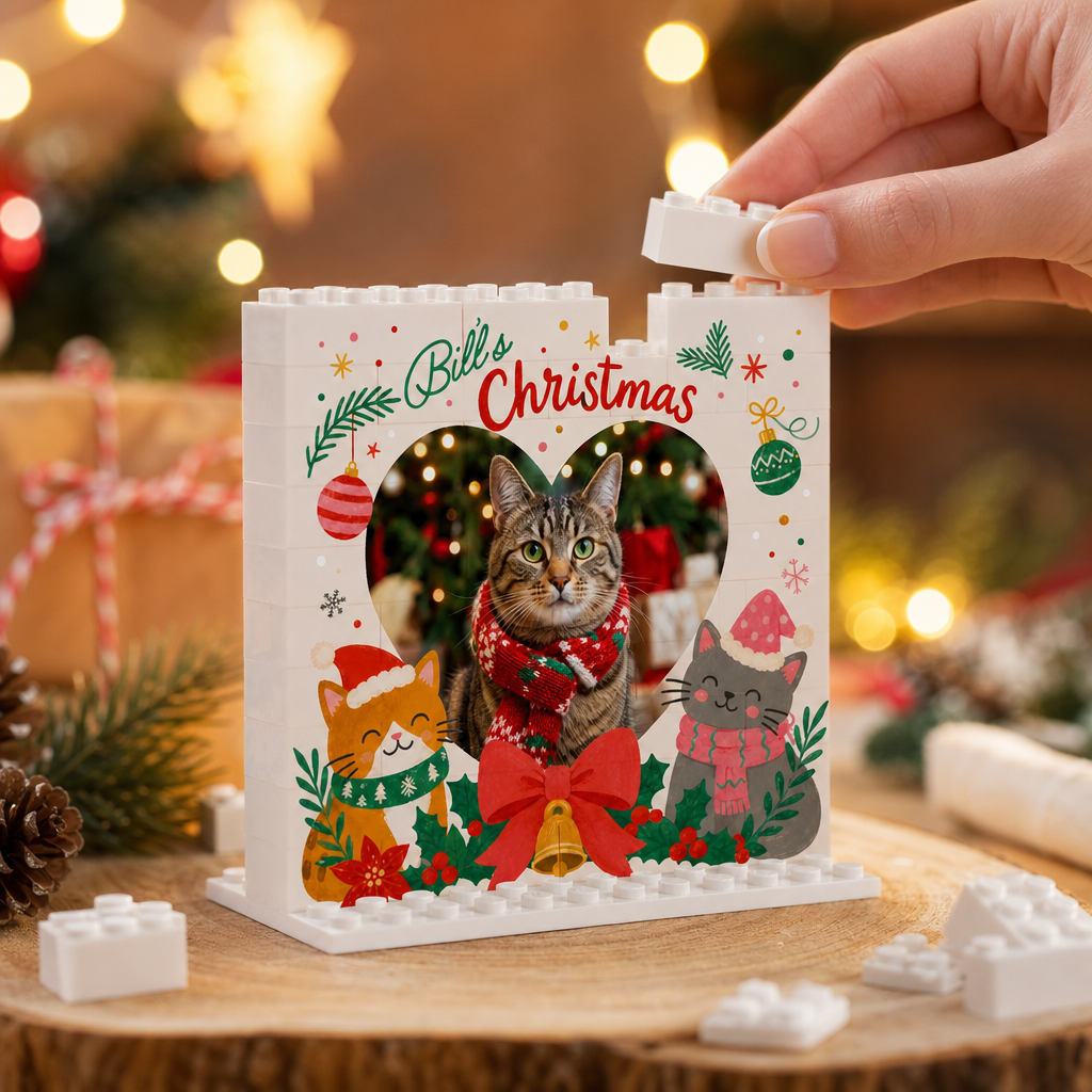 Personalized Photo Christmas Building Block in Cream White, Custom Cat Photo Heart Frame Bill's Christmas Cute Kittens Brick Puzzle Keepsake Decor, Holiday Gift for Cat Lovers