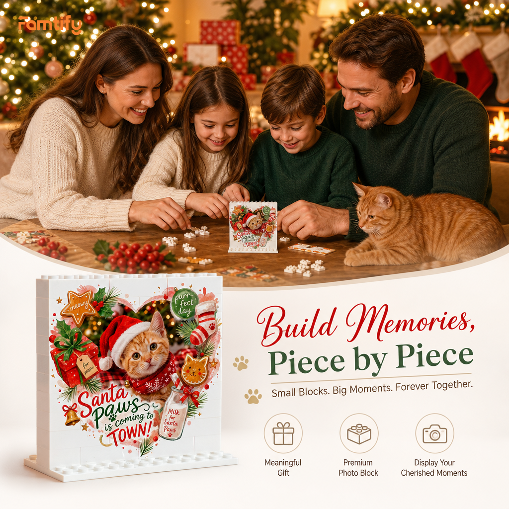 Personalized Photo Christmas Building Block in Cream White, Custom Cat Photo Santa Paws is Coming to Town Milk & Cookie Brick Puzzle Keepsake Decor, Holiday Gift for Cat Lovers