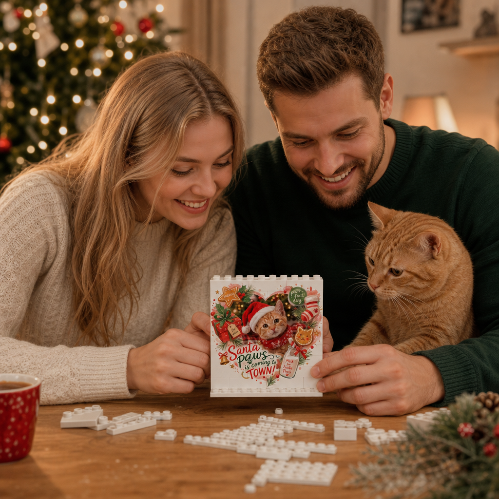 Personalized Photo Christmas Building Block in Cream White, Custom Cat Photo Santa Paws is Coming to Town Milk & Cookie Brick Puzzle Keepsake Decor, Holiday Gift for Cat Lovers