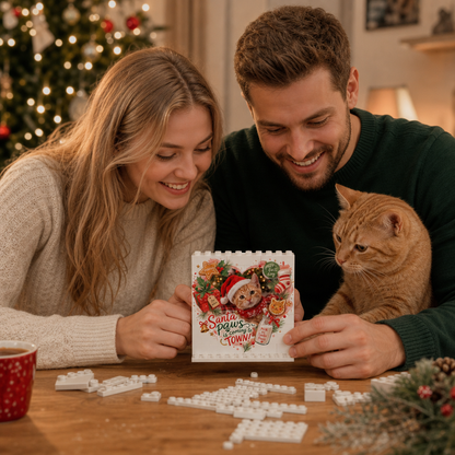 Personalized Photo Christmas Building Block in Cream White, Custom Cat Photo Santa Paws is Coming to Town Milk & Cookie Brick Puzzle Keepsake Decor, Holiday Gift for Cat Lovers