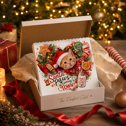 Personalized Photo Christmas Building Block in Cream White, Custom Cat Photo Santa Paws is Coming to Town Milk & Cookie Brick Puzzle Keepsake Decor, Holiday Gift for Cat Lovers