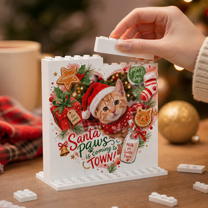 Personalized Photo Christmas Building Block in Cream White, Custom Cat Photo Santa Paws is Coming to Town Milk & Cookie Brick Puzzle Keepsake Decor, Holiday Gift for Cat Lovers