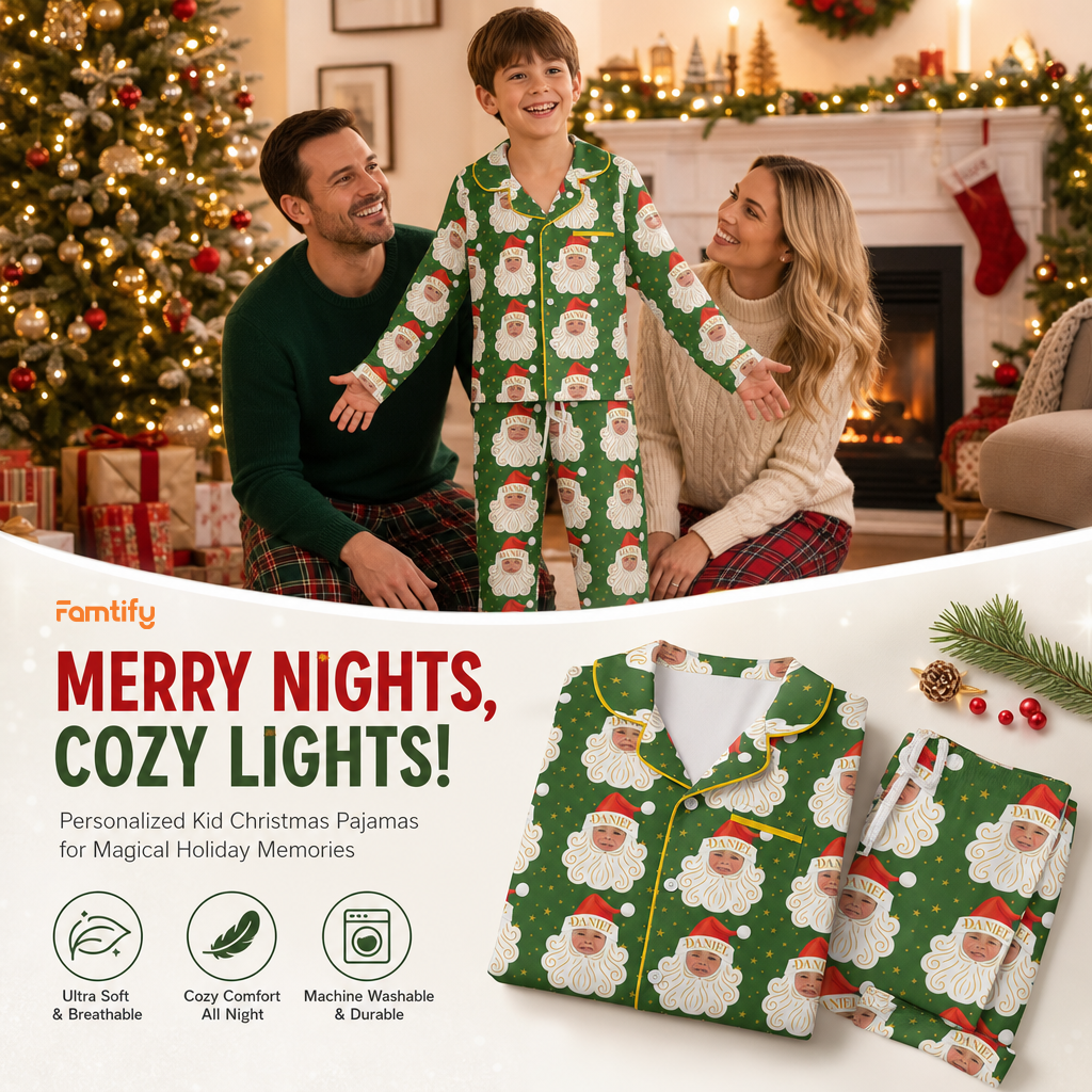 Custom Face Photo Christmas Santa Claus Personalized Kid Pajamas Set Green Satin Long Sleeve Button Up Holiday Sleepwear Nightwear Lounge Set