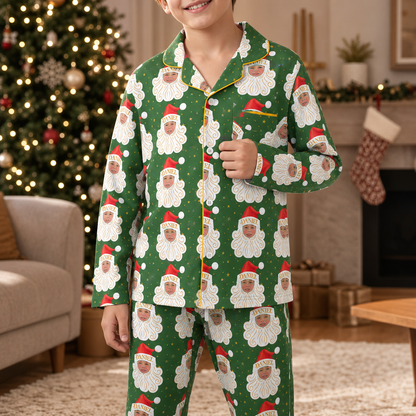 Custom Face Photo Christmas Santa Claus Personalized Kid Pajamas Set Green Satin Long Sleeve Button Up Holiday Sleepwear Nightwear Lounge Set