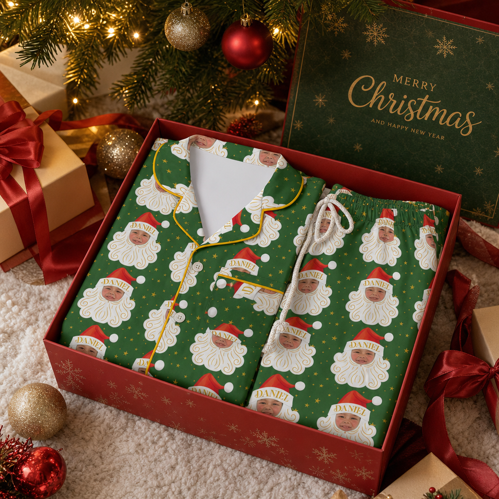 Custom Face Photo Christmas Santa Claus Personalized Kid Pajamas Set Green Satin Long Sleeve Button Up Holiday Sleepwear Nightwear Lounge Set