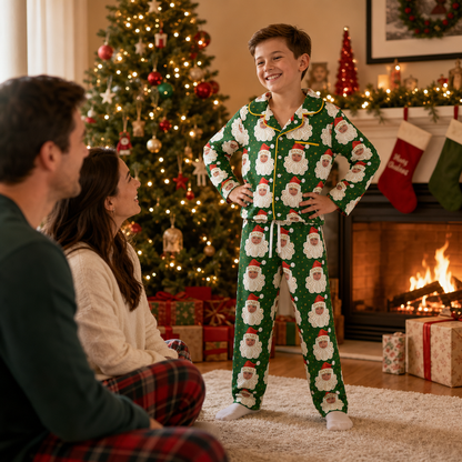 Custom Face Photo Christmas Santa Claus Personalized Kid Pajamas Set Green Satin Long Sleeve Button Up Holiday Sleepwear Nightwear Lounge Set