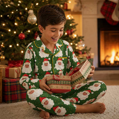 Custom Face Photo Christmas Santa Claus Personalized Kid Pajamas Set Green Satin Long Sleeve Button Up Holiday Sleepwear Nightwear Lounge Set