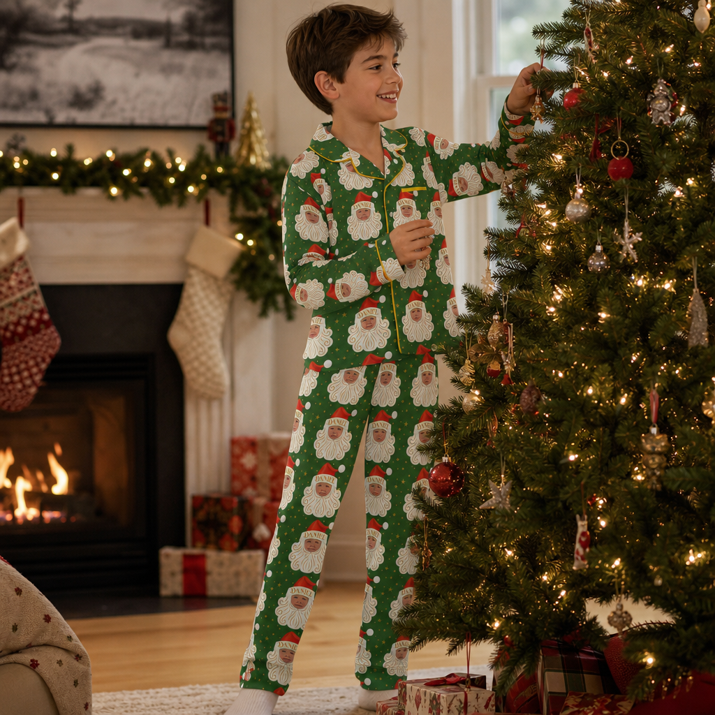 Custom Face Photo Christmas Santa Claus Personalized Kid Pajamas Set Green Satin Long Sleeve Button Up Holiday Sleepwear Nightwear Lounge Set