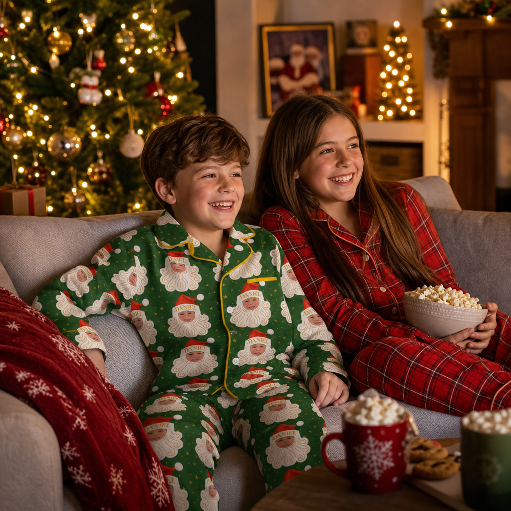 Custom Face Photo Christmas Santa Claus Personalized Kid Pajamas Set Green Satin Long Sleeve Button Up Holiday Sleepwear Nightwear Lounge Set